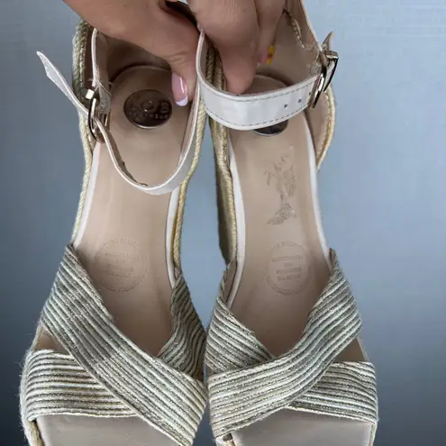 LOB Footwear Womens Espadrille Platform Wedge Sandals Cross Strap Gold Strappy Size 6.5