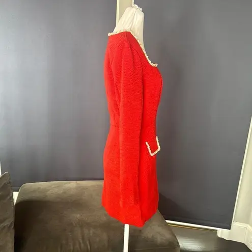 Women’s Short Red Dress Square Neck Faux Pearl