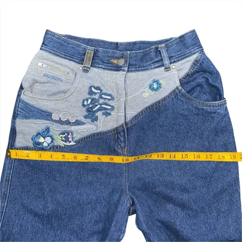 VTG 80s Together Sz 8 High Waisted Mom Jeans 26 x 29 Embroidered Floral Fleece Blue