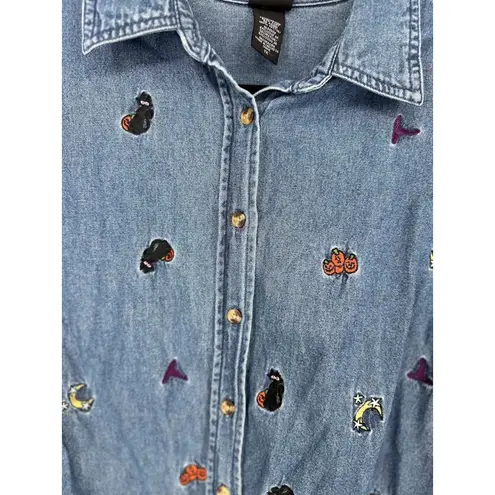 Holiday Editions Halloween Blue Denim Button Top 1X Pumpkin Black Cat Star Moon