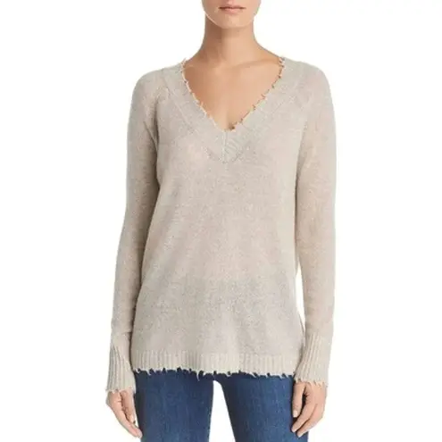 Minnie Rose Cashmere Frayed Edge V Neck Sweater Size Small Cream