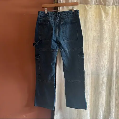 Edikted Jaimie Cargo Jeans Baggy Fit Pockets Low Waist Blue Denim Y2K NEW Size L