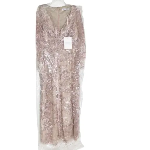 Mac Duggal NWT 70224 Pink Floral Applique Long Sleeve Illusion Gown Size 8