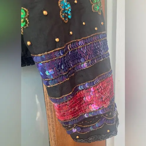 Scala Vtge Silk Full Sequin Beaded Bolero Jacket Stripe Floral Bright LARGE NWT