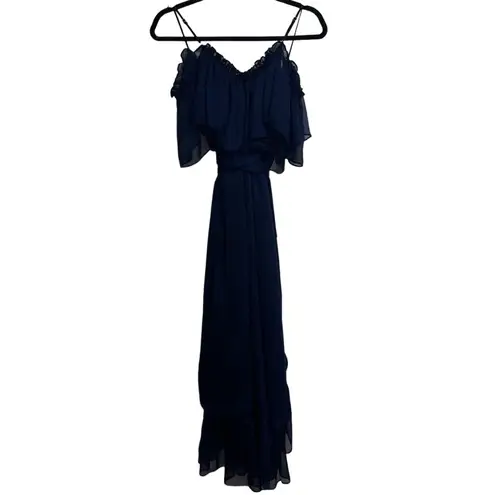 MISA Los Angeles Tayla Navy Ruffle Off The Shoulder Midi Wrap Dress