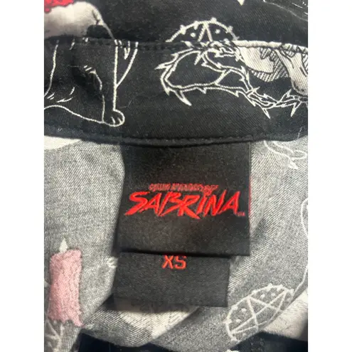 Chilling Adventures Sabrina Skull Cat Button Front Tie Black Crop Top XS