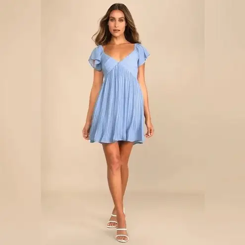 Lulus Amalfi Coast Light Blue Pleated Flutter Sleeve Mini Dress Size XS