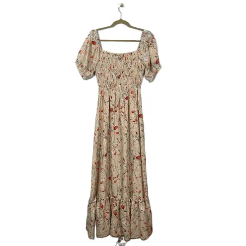 Baltic Born Women M Beige Floral Print Capri Smocked Maxi Dress Balloon Sleeve
