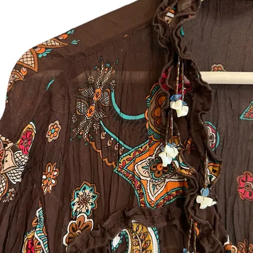 Essentials by Milano Womens Y2K Fairy Paisley Beaded Top Size XL Button Up Boho Brown