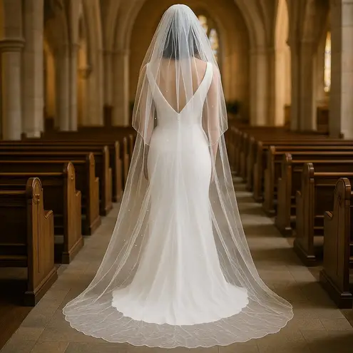 Cathedral Wedding Veil NWT 2 Tier Women’s One Size White Pearl Bridal