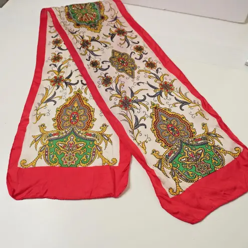 Vintage 100% Silk Psychedelic Paisley Rectangle Scarf VTG Red Gold Hand Rolled