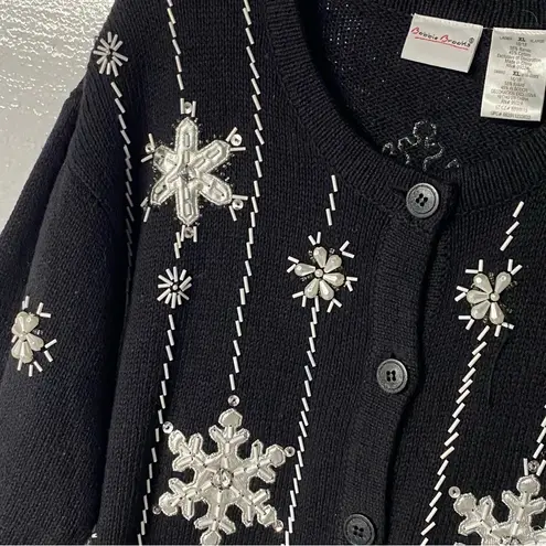 Vintage Bobbie Brooks Sweater XL Black Snowflake Embroidered Beaded Ramie Blend