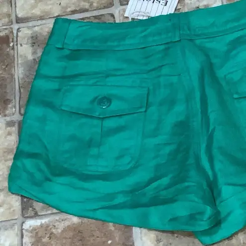 Esley  Emerald Green Cuffed Linen Blend Shorts Pockets Button & Zip Shorts Small