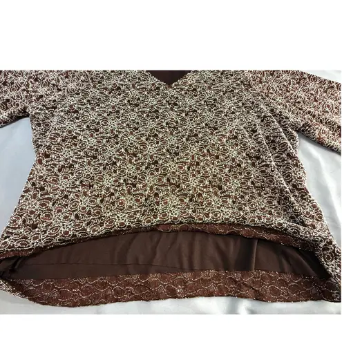 Maggie Barnes Vintage Brown Tunic Top White Micro Beaded Size 3X Glam Party