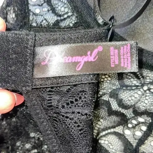 Dreamgirl Lingerie Y2K Black Floral Lace Babydoll Dress Medium Garters Neon Pink