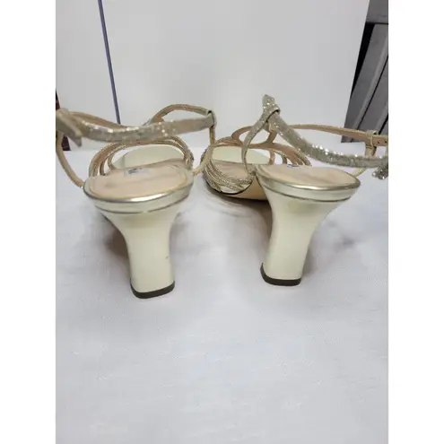Nina leather sole Gold rhinestone Strappy cocktail party heels pumps size 9
