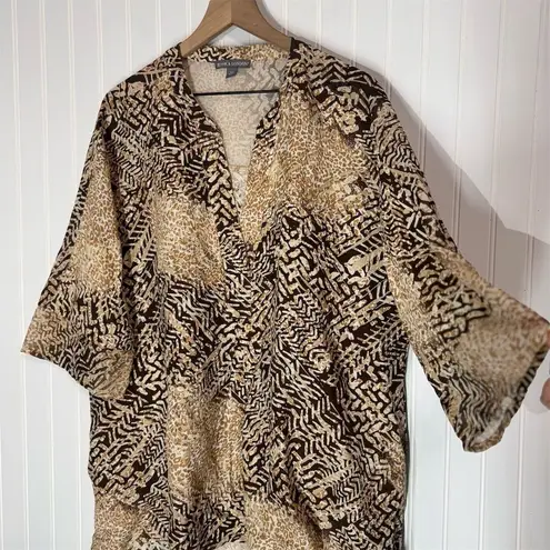 Jessica London 18Wβ Brown Animal Print Linen Blend Tunic Top Boho Safari Blouse