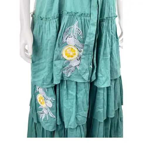 Anouk Grewal Green Maxi Dress Embroidered Lemon Tiered Sleeveless Medium