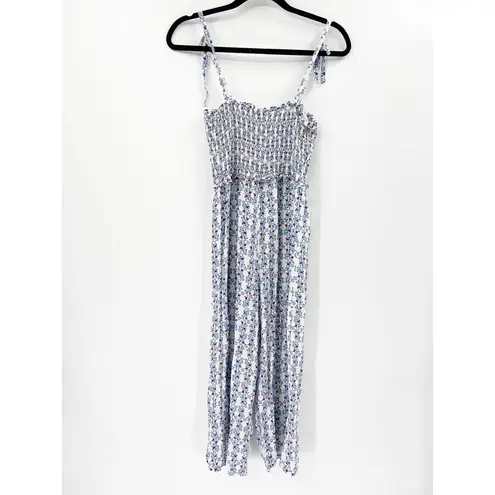 Paloma Blue Pearl Floral Print Smocked Tie Shoulder White Jumpsuit Size Small