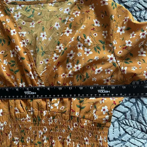 MakeMeChic Women's V Neck Floral Print A Line Midi Dress Mustard Yellow sz Small