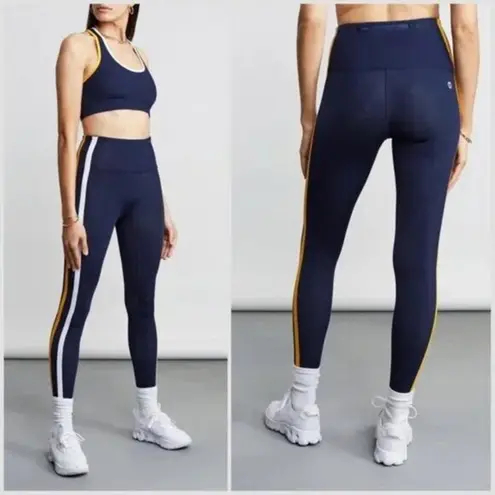 Bandier All Access Full Length Leggings XS Curved Hem Navy Blue White Stripe Gym