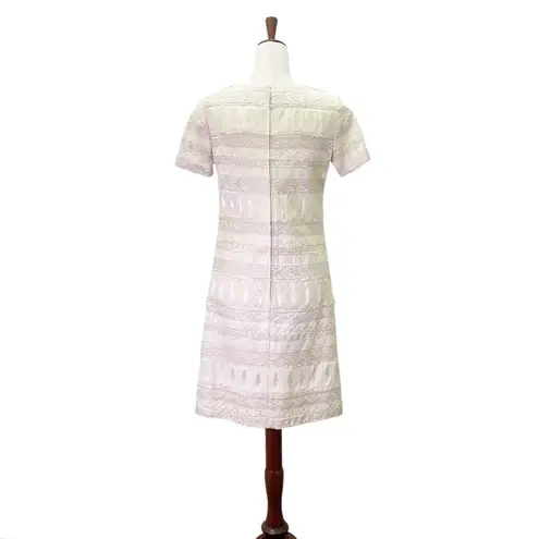 Vintage Cream Brocade Sheath Dress 60s Mod Texture Short Sleeve Shift Size Small White