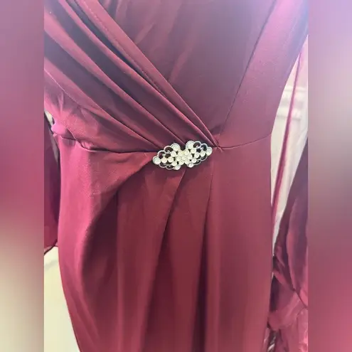 Glamour Nights Burgundy Draped Maxi Dress with Rhinestone Brooch Cape Sleeves 6 Red