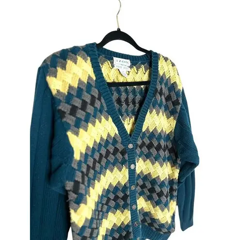 IZOD VINTAGE Hand Knit Cardigan Sweater Women XL Multicolor Chevron Weave Preppy