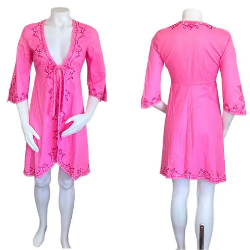 Lilly Pulitzer  Pink Cover Up Robe Embroidered Open Tie Front 100%?Cotton Size XS