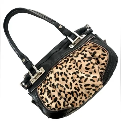 B. Makowsky Black Leather & Leopard Calf Hair Satchel Handbag