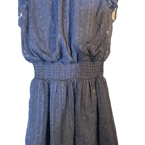 BCX Dress Navy Blue Metallic Mock Neck Flutter Short Sleeve Dress Women Sz XS