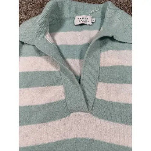 Tanya Taylor  Striped V Neck Collar Maisie Knit Sweater Blue/White Cotton Size M