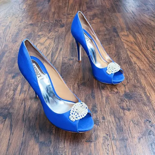 Badgley Mischka • Goodie Peep Toe Pumps satin jeweled Royal Blue Silk crystal