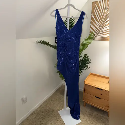 Mac Duggal 11275 Cobalt Blue Sequin-Covered Asymmetrical Cocktail Gown 4 NWT