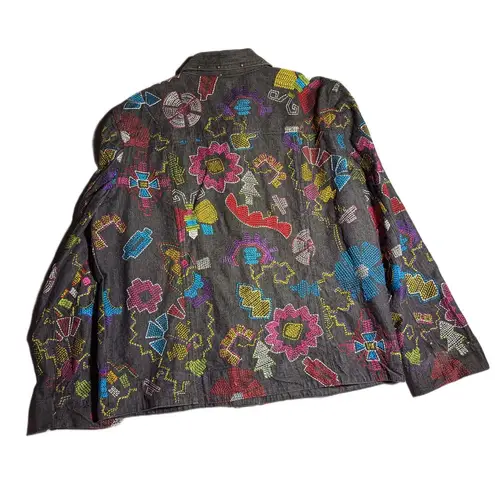 Vtg Y2K Multiples Black Denim Colorful Floral Embroidered Button Up Jacket Sz L Size L
