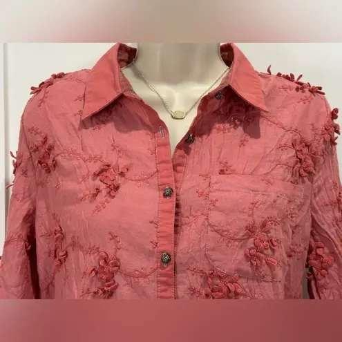 Aratta Silent Journey Blouse Long Sleeve Embroidered Anthropologie XS New Coral Red