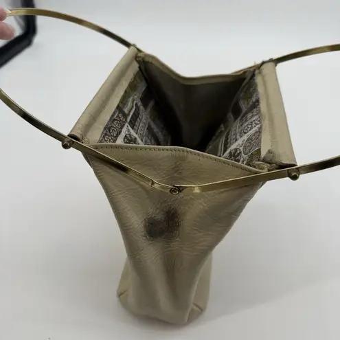 Vintage Beige Leather Top Handle Bag Metal Handbag Classic