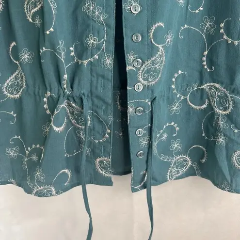 Christopher & Banks  Teal Embroidered Button‎ Front Drawstring Waist Top Sz LG