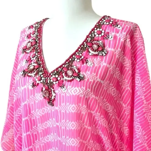Yumi Kim NWT Maze Cover Up Jeweled Beaded Cinched Kaftan Hot Pink Sheer Size M/L