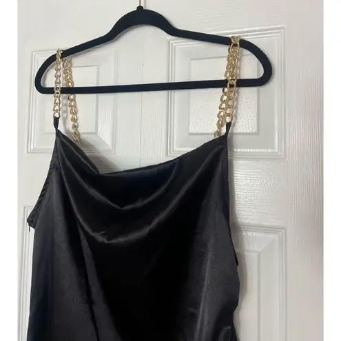BloomChic Black Satin Gold Chain Ruched Cocktail Mini Dress LBD Size 14