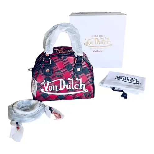 Von Dutch NEW Red & Black Plaid HANDBAG Bowling Bag Crossbody Satchel Purse NWT
