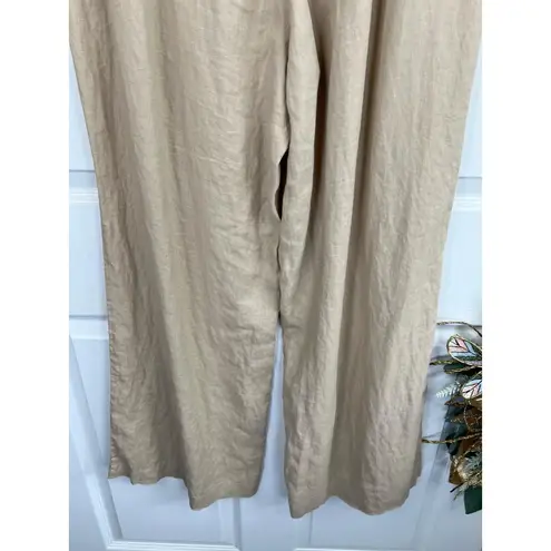 Magaschoni Linen Pants Size L Tan Wide Leg Pleated Elastic Waist Relaxed Fit