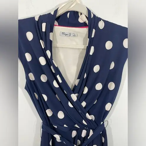 Eliza J Faux Wrap Navy Blue Cream Polkadot Dress Size 6 Sleeveless