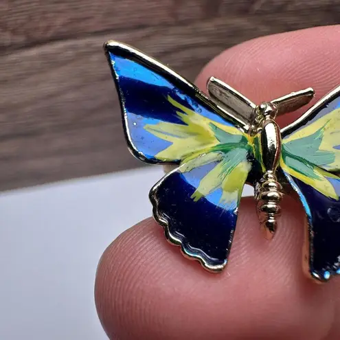 Butterfly Insect Blue Yellow Green Enamel Brooch Pin Gold Tone Set Of 2