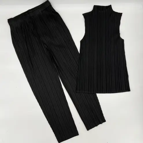 Office two pieces set turtleneck top loose pants casual pleated wide leg pants Matching Set Black