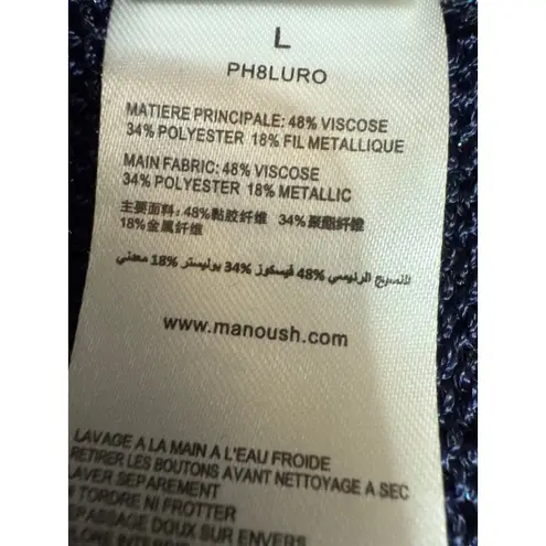 Manoush Blue Metallic Pearl Button Short Sleeve Knit Midi Sweater Shirt Dress L Size L