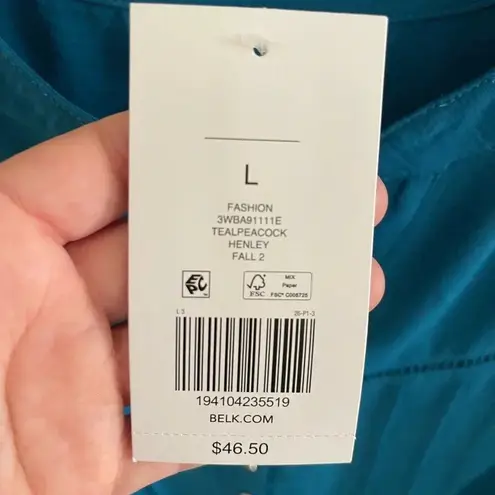 kim rogers Women’s teal peacock Henley tunic top Large