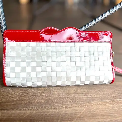 Vintage Mother of Pearl Woven Clutch Purse with Red Patent Trim Retro Style