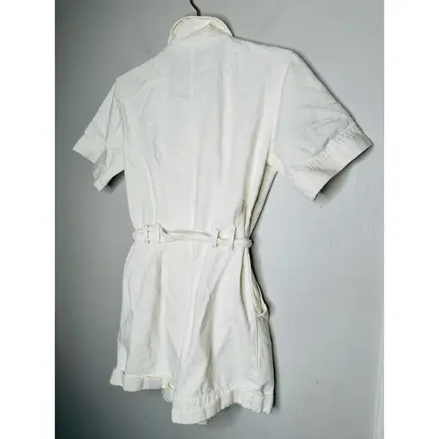 A.P.C. White Cotton Denim Collared Gold Zipper Front Tie Waist Romper Size 38
