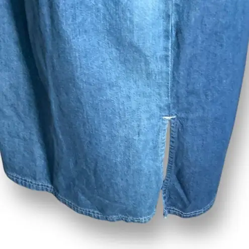 Vintage Denim Sleeveless Jumper Dress Pink Embroidered Floral Design Scoopneck Blue Size M